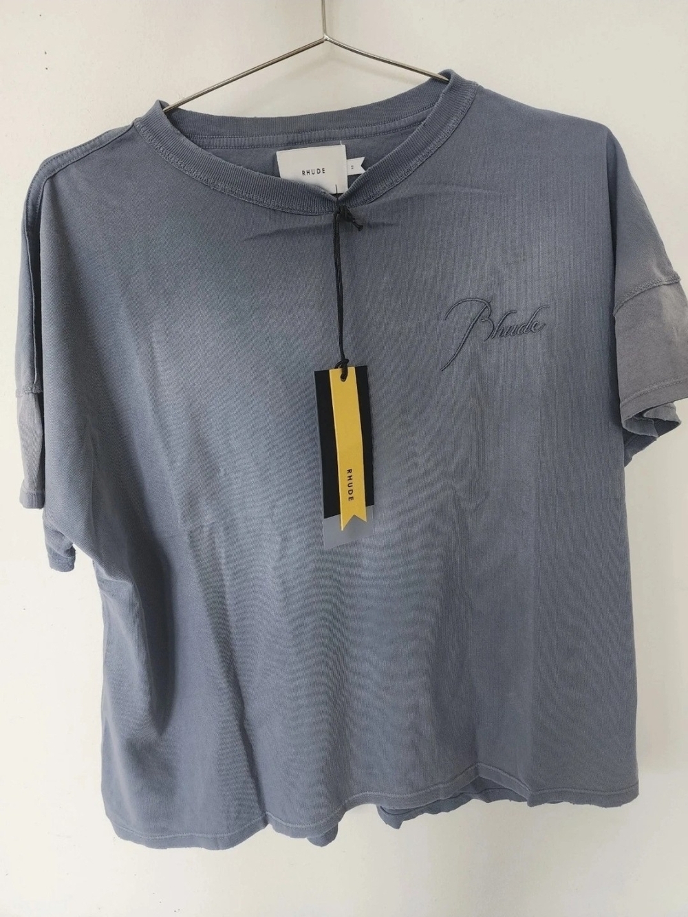 Rhude Washed Sundr Steel Slate Blue Short Sleeve Logo Reversed Tee - Men
